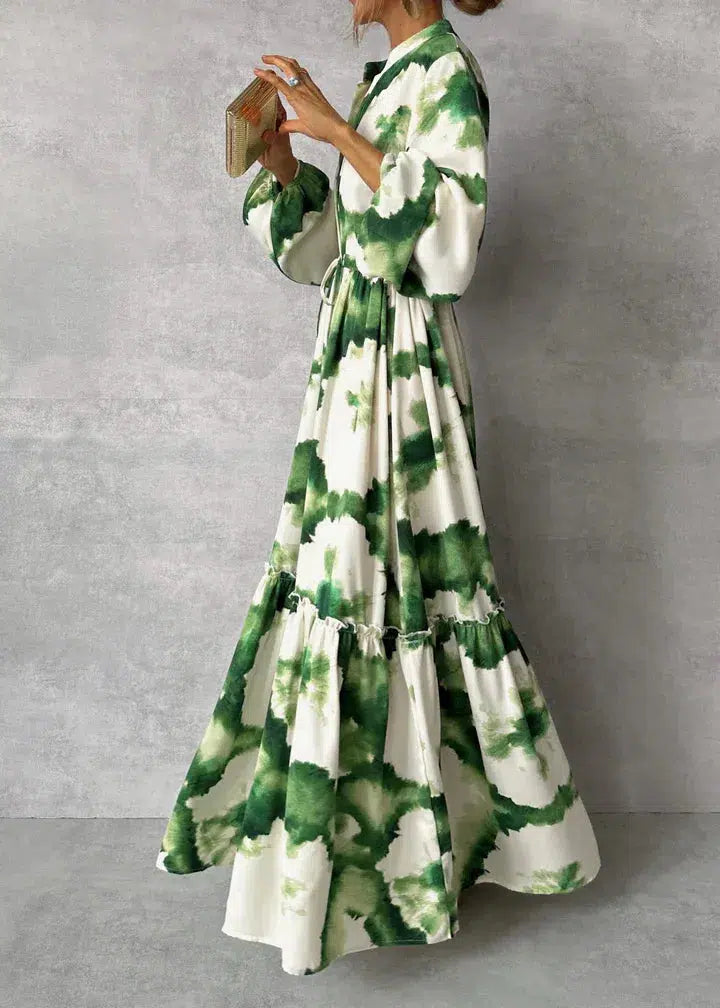 Maxi dress with a tie waist | long sleeve printed gown