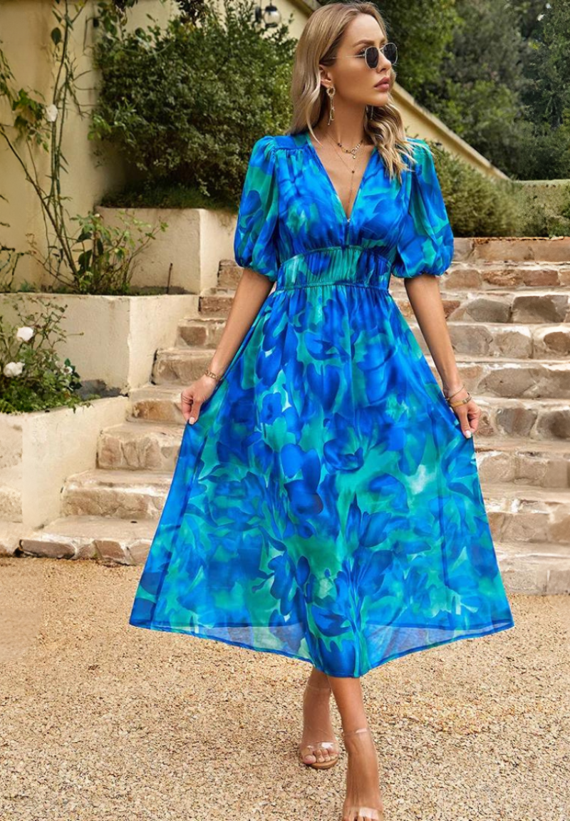 Women's A-line dress - V-neck floral pattern midi dress - summer gatherings