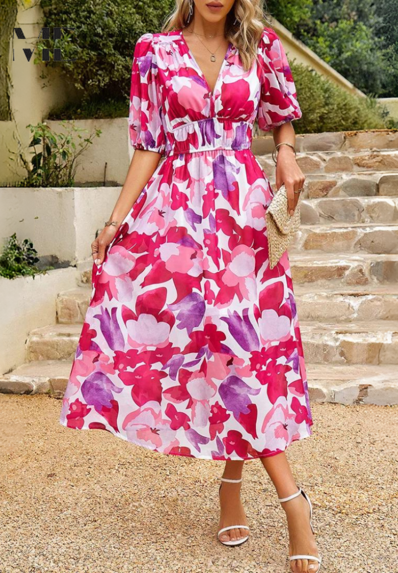 Women's A-line dress - V-neck floral pattern midi dress - summer gatherings