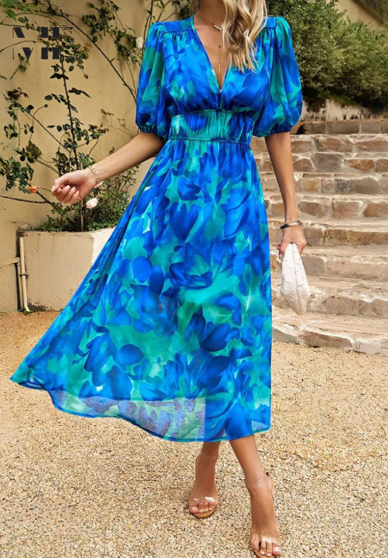 Women's A-line dress - V-neck floral pattern midi dress - summer gatherings