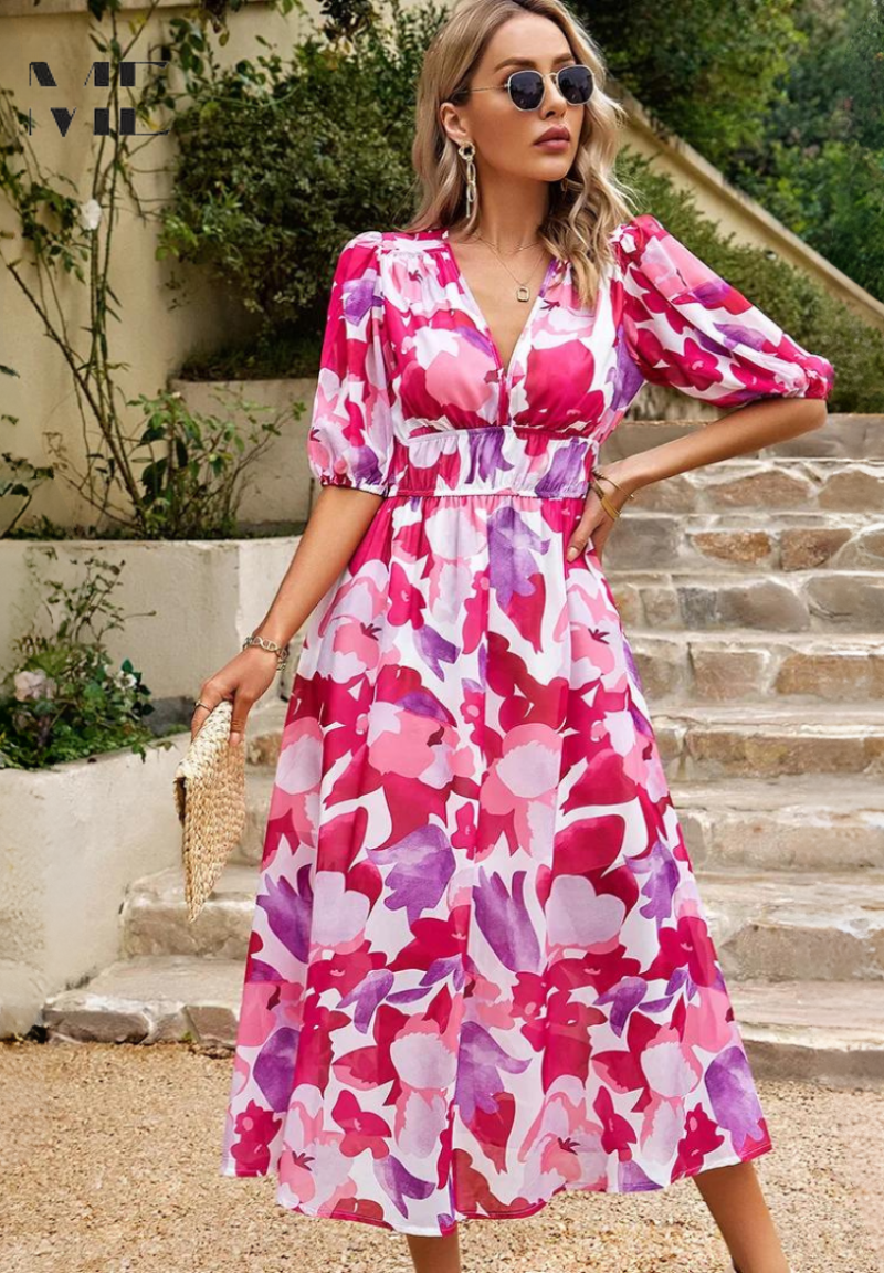 Women's A-line dress - V-neck floral pattern midi dress - summer gatherings