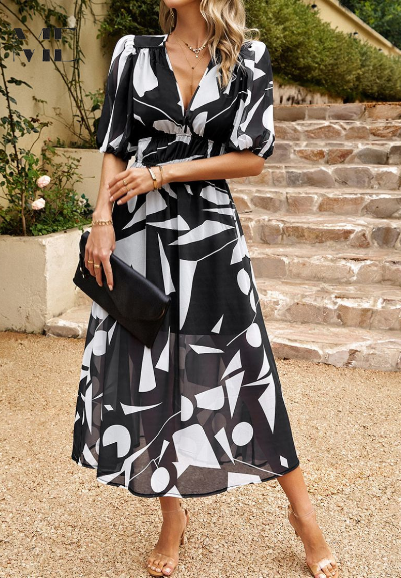 Women's A-line dress - V-neck floral pattern midi dress - summer gatherings