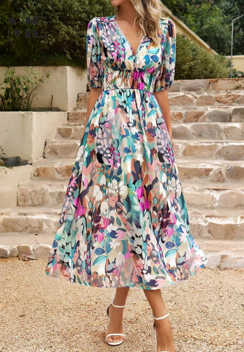 Women's A-line dress - V-neck floral pattern midi dress - summer gatherings
