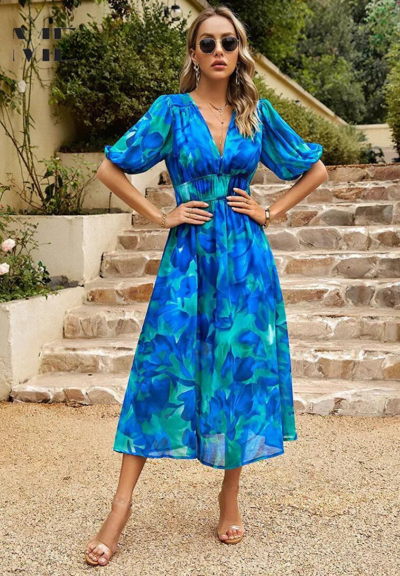 Women's A-line dress - V-neck floral pattern midi dress - summer gatherings