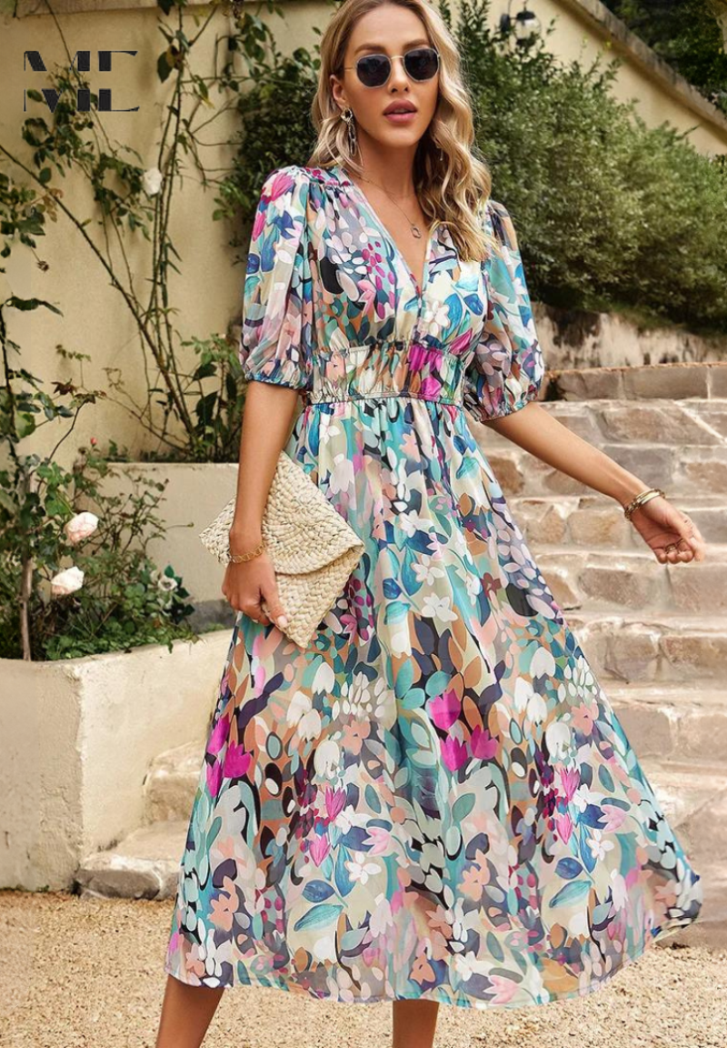 Women's A-line dress - V-neck floral pattern midi dress - summer gatherings