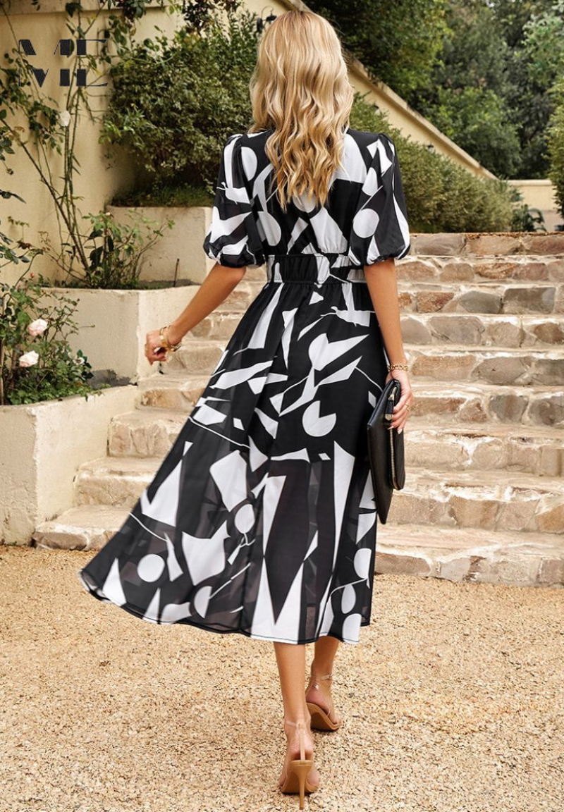 Women's A-line dress - V-neck floral pattern midi dress - summer gatherings