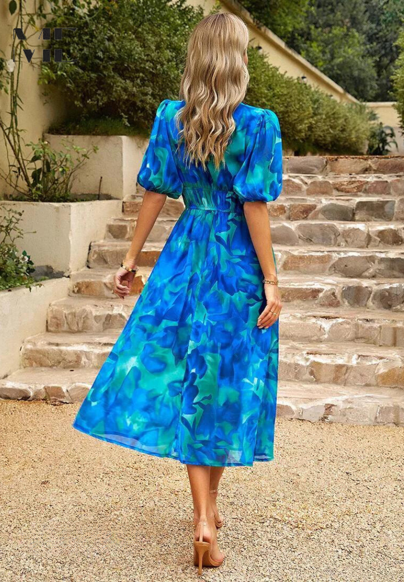 Women's A-line dress - V-neck floral pattern midi dress - summer gatherings