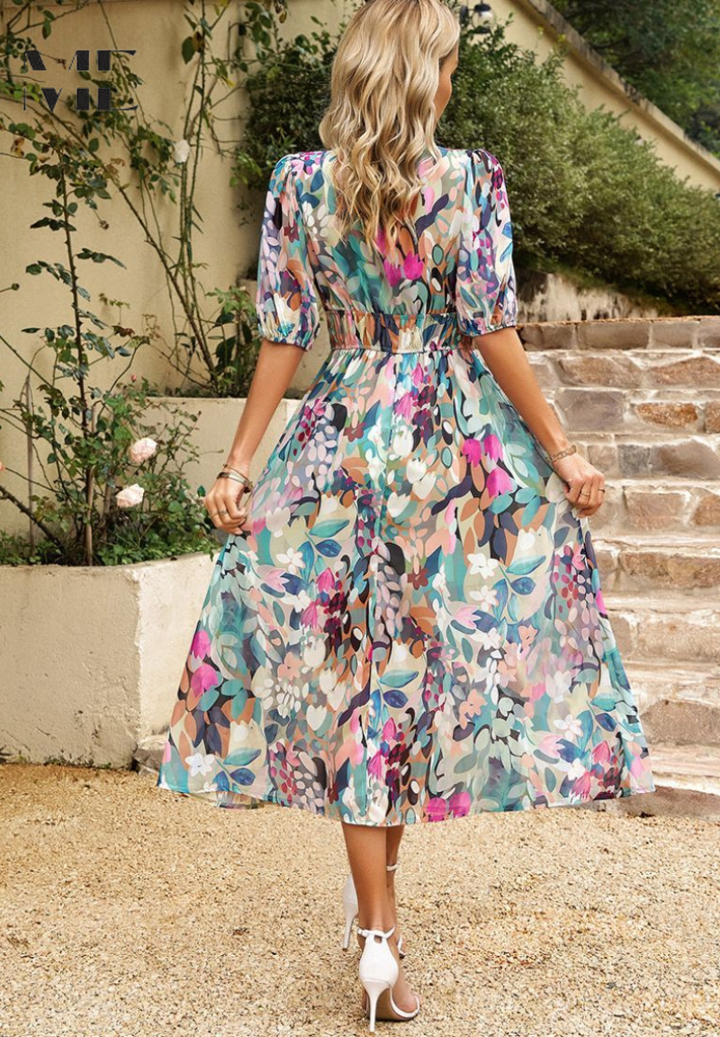 Women's A-line dress - V-neck floral pattern midi dress - summer gatherings