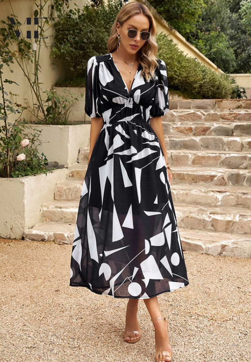 Women's A-line dress - V-neck floral pattern midi dress - summer gatherings
