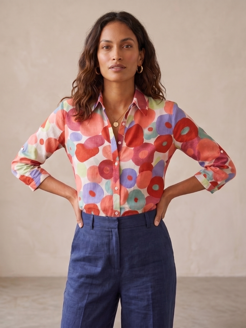 Floral button-down blouse | Relaxed fit with roll-tab sleeves for daily wear