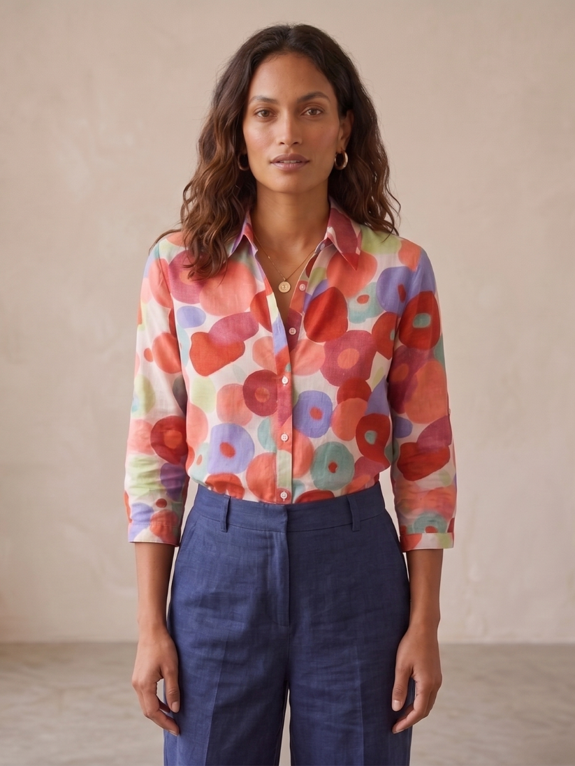 Floral button-down blouse | Relaxed fit with roll-tab sleeves for daily wear