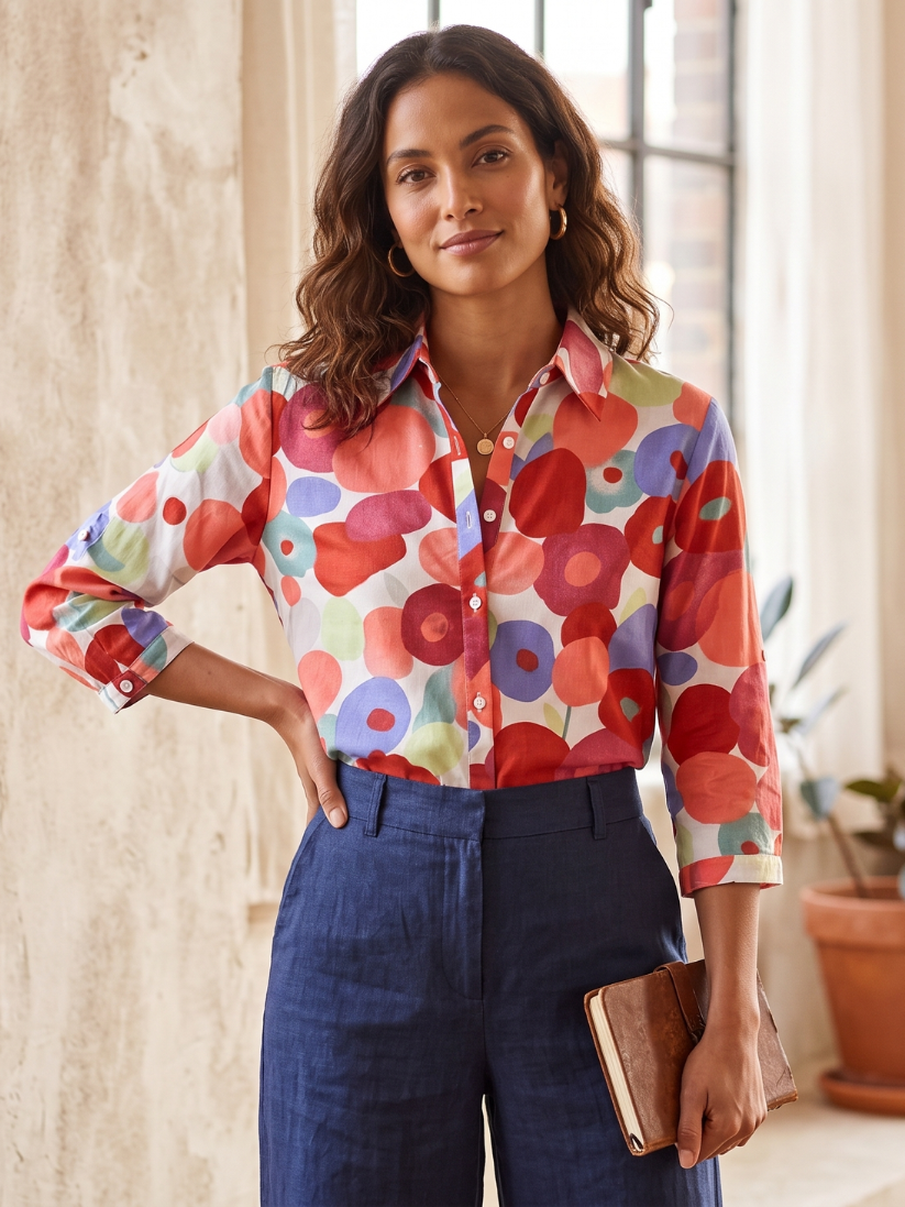 Floral button-down blouse | Relaxed fit with roll-tab sleeves for daily wear