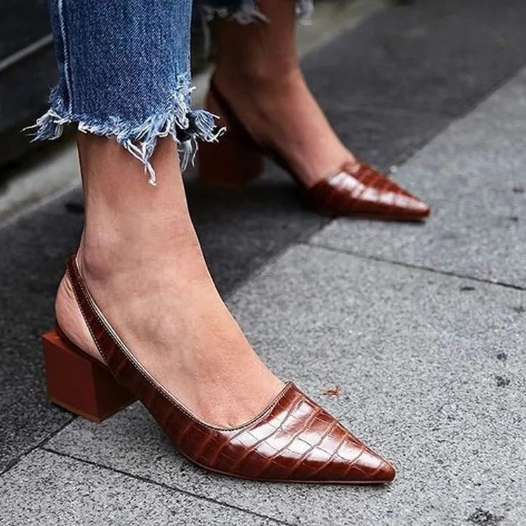 Women's block heel shoes - low heel slingbacks with pointed toe - evening wear