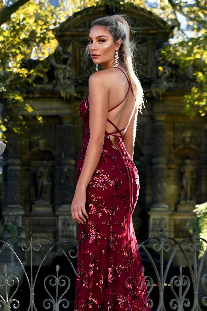 Sequin Mermaid Maxi Dress Deep V-Neck Open Back Lace-Up Formal Gown