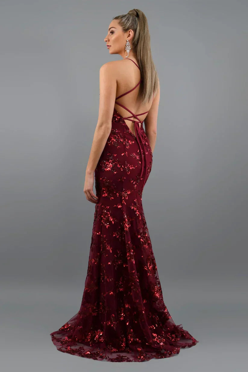 Sequin Mermaid Maxi Dress Deep V-Neck Open Back Lace-Up Formal Gown