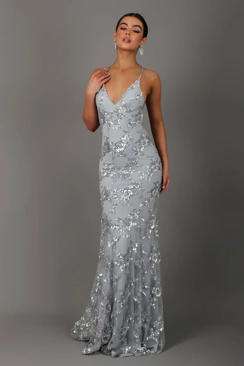 Sequin Mermaid Maxi Dress Deep V-Neck Open Back Lace-Up Formal Gown