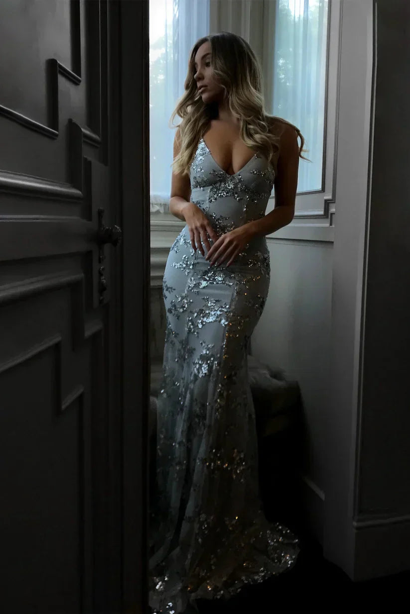 Sequin Mermaid Maxi Dress Deep V-Neck Open Back Lace-Up Formal Gown