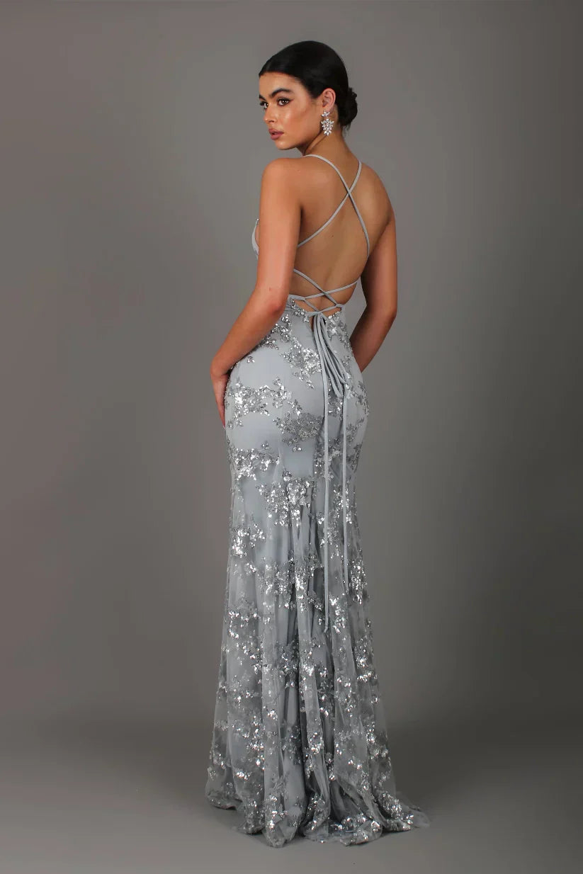 Sequin Mermaid Maxi Dress Deep V-Neck Open Back Lace-Up Formal Gown