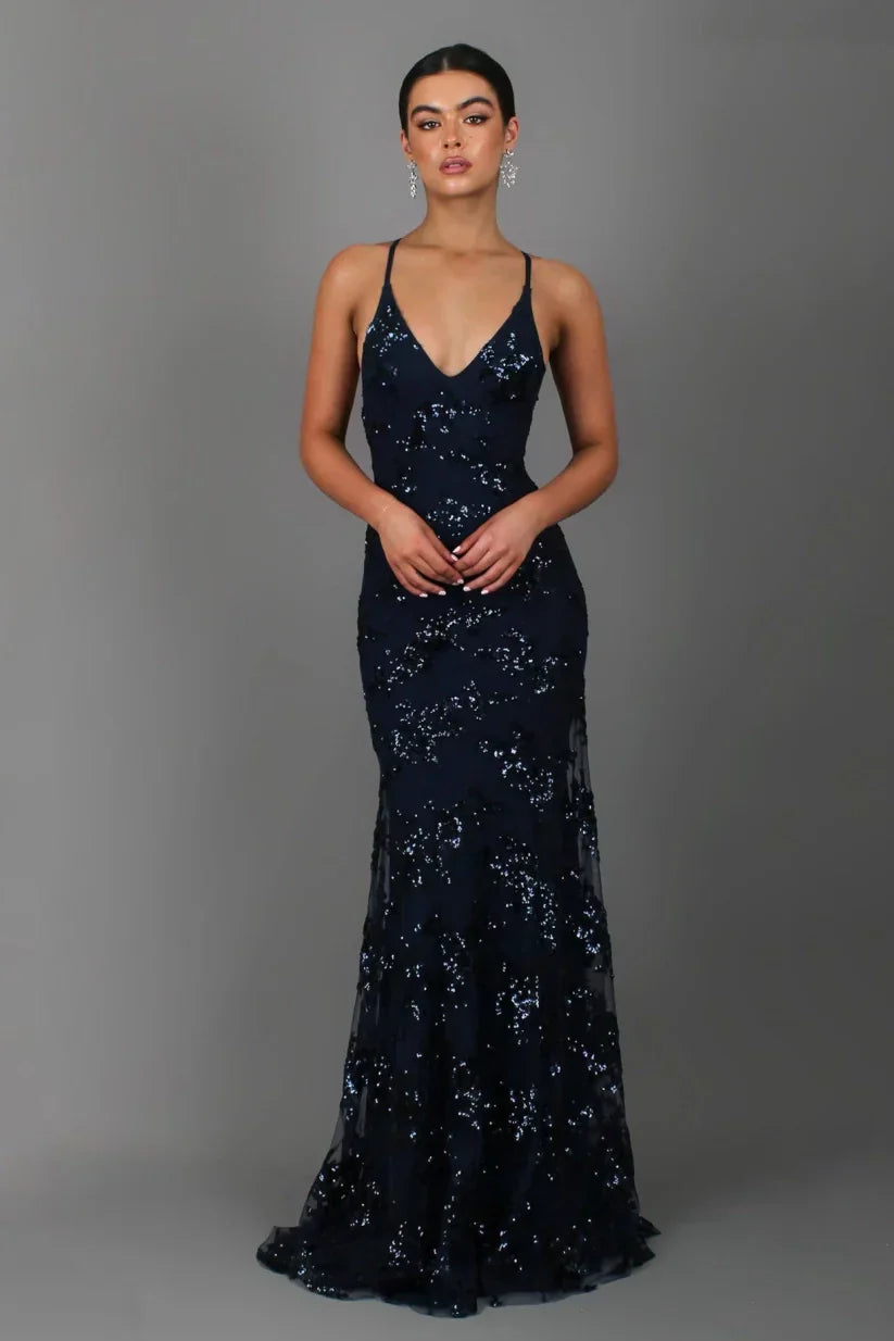 Sequin Mermaid Maxi Dress Deep V-Neck Open Back Lace-Up Formal Gown