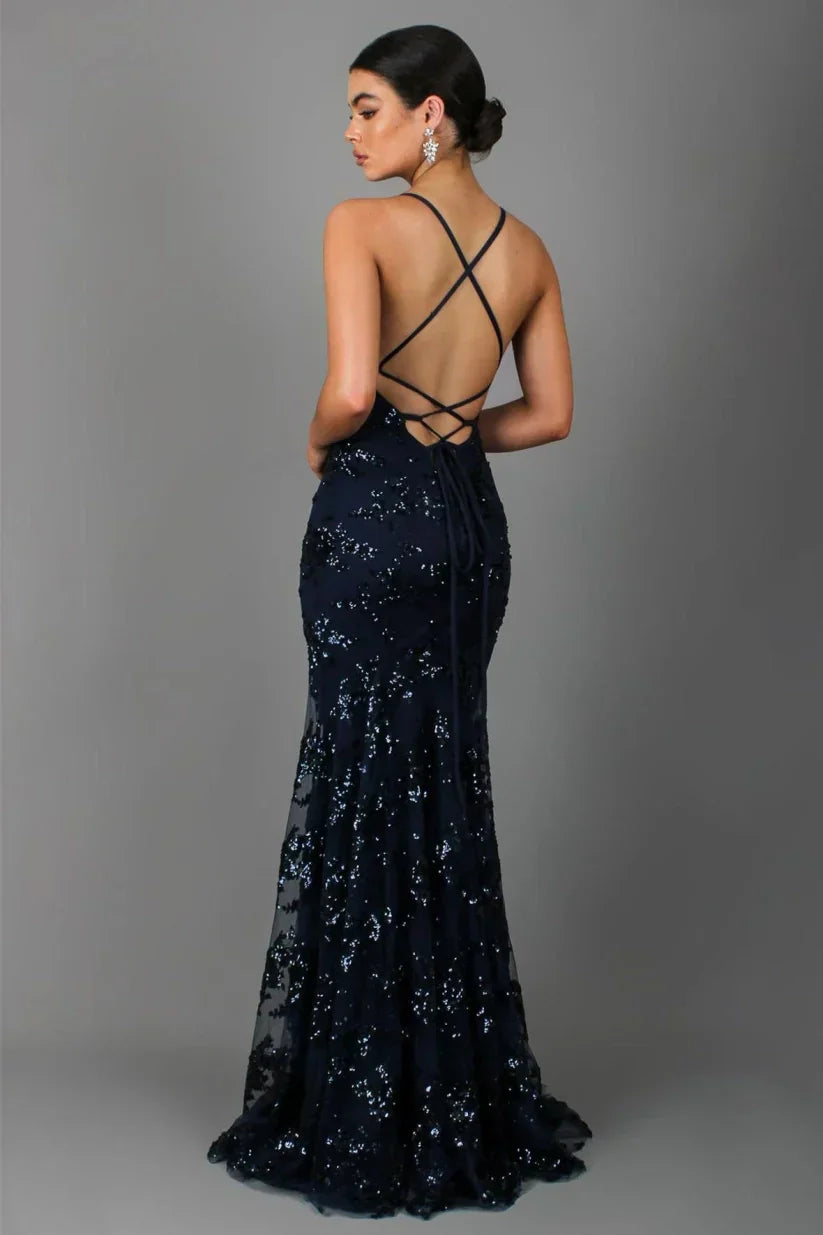Sequin Mermaid Maxi Dress Deep V-Neck Open Back Lace-Up Formal Gown
