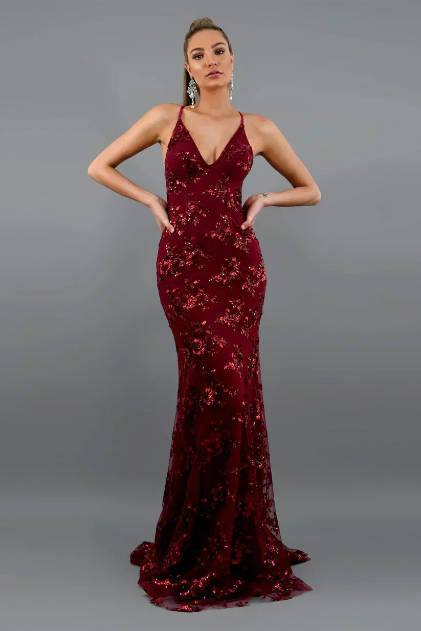 Sequin Mermaid Maxi Dress Deep V-Neck Open Back Lace-Up Formal Gown