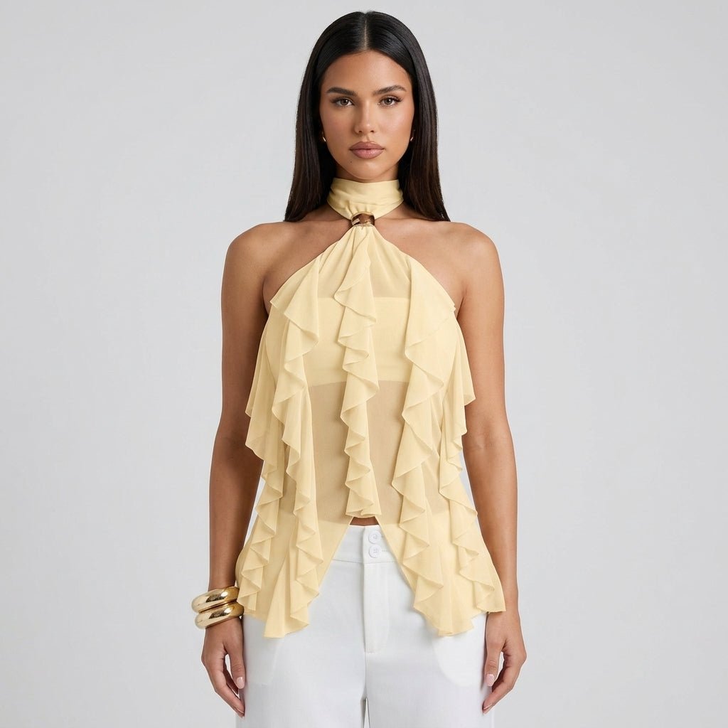 Women's ruffle halter top | sleeveless cascading blouse for formal wear