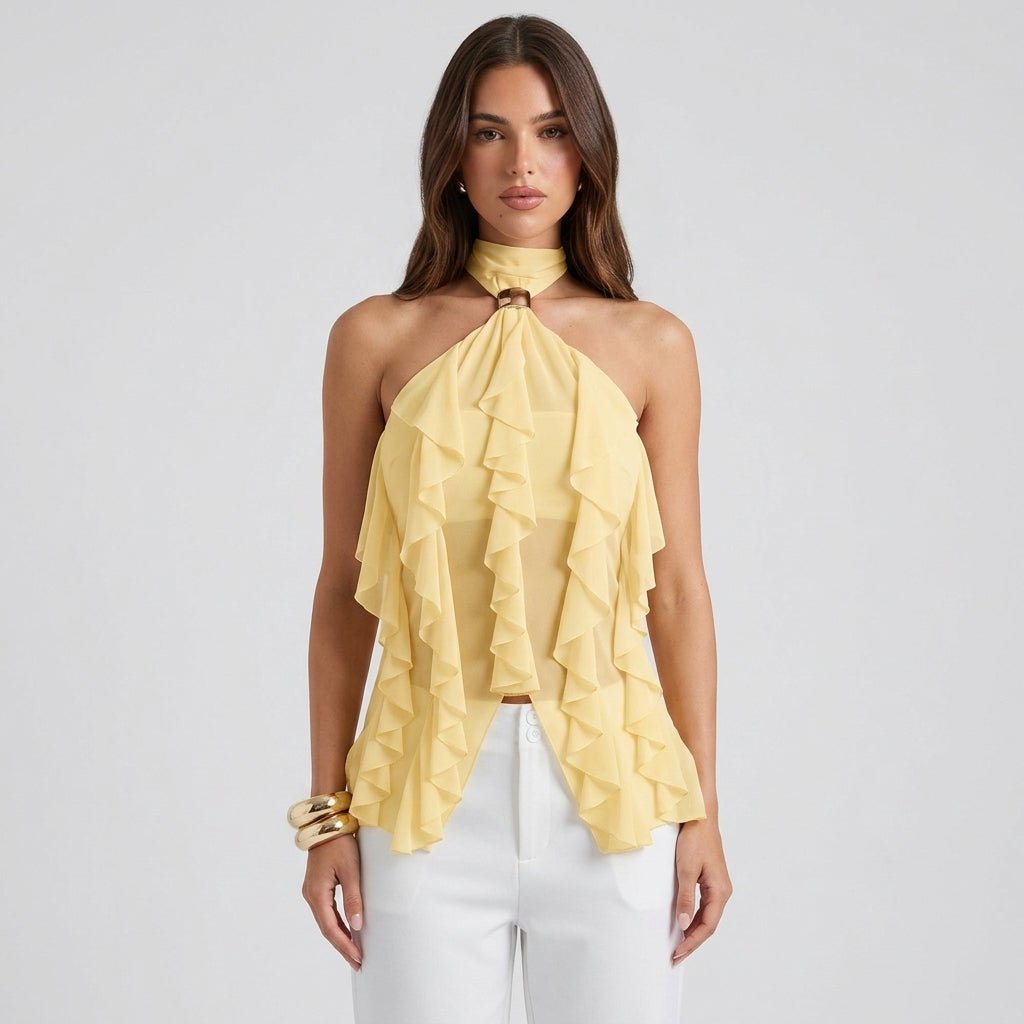 Women's ruffle halter top | sleeveless cascading blouse for formal wear