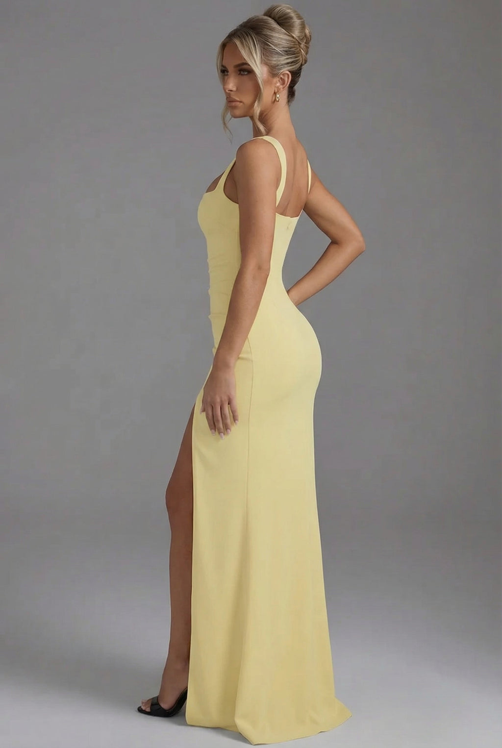 Square Neck Bodycon Slip Maxi Dress with Leg Split and Open Back Evening Gown