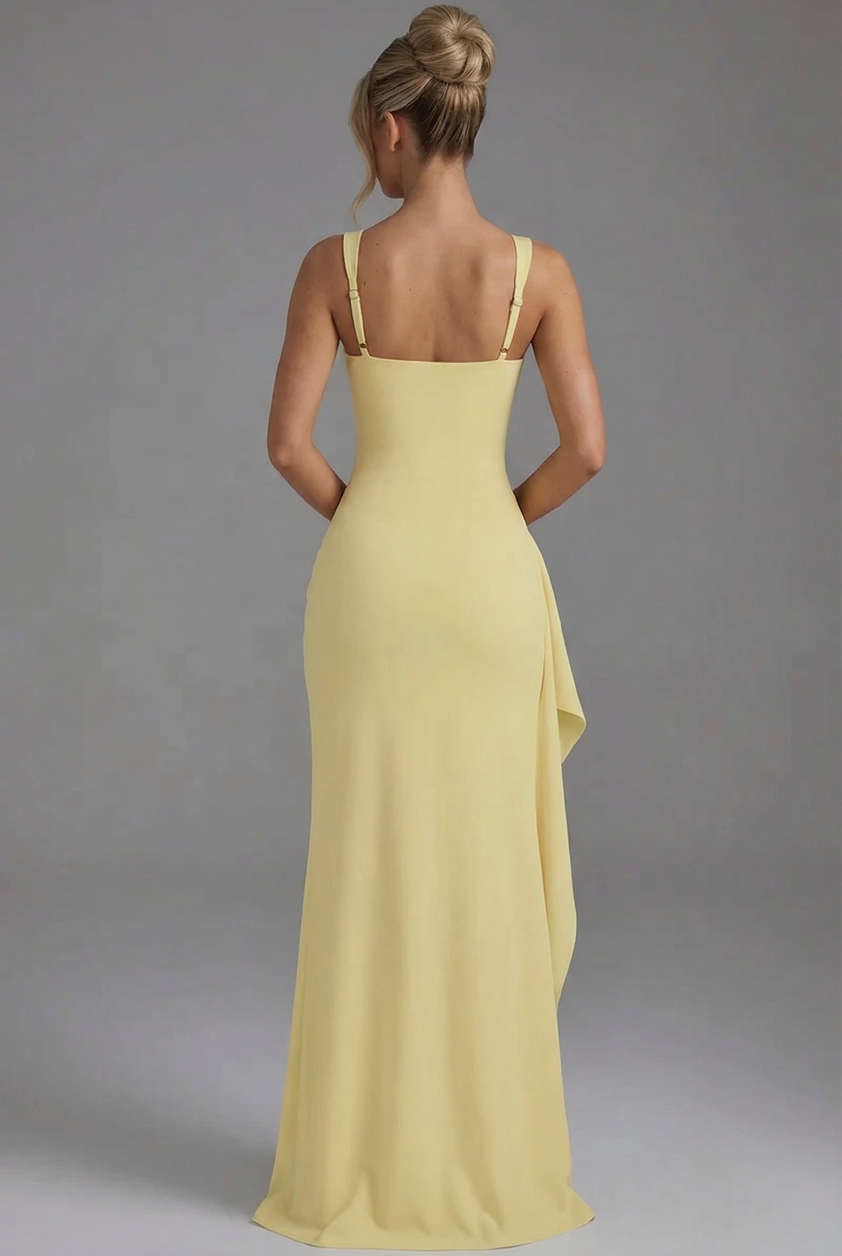 Square Neck Bodycon Slip Maxi Dress with Leg Split and Open Back Evening Gown