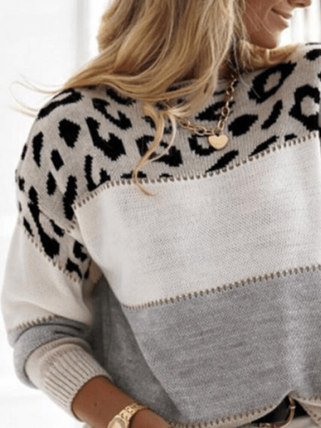 Women's Sweater Knit Leopard Print Ribbed Cuffs Relaxed Fit Casual Statement