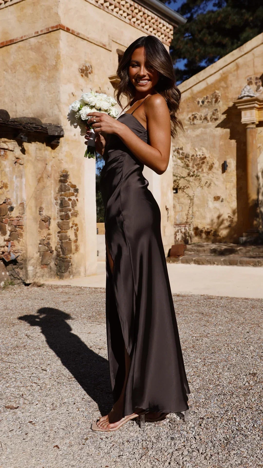 Satin Maxi Dress Square Neck Sleeveless Ruched Side Slit Evening Formal Slip Dress
